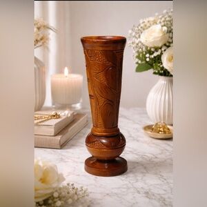 Vintage 1970s Hand-Turned Wood Bud Vase - Boho Floral Hand-Carved - 9”